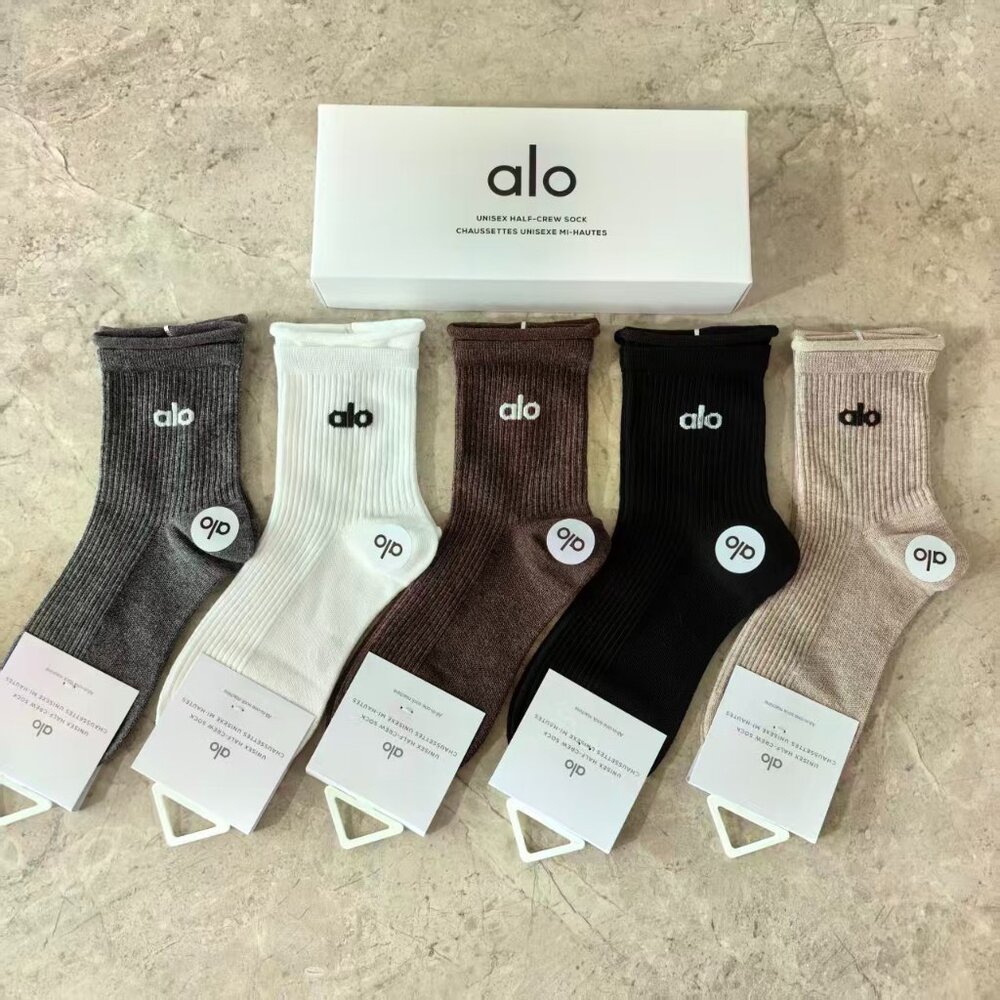A33- ALO Yoga Women's Rolled Cuff Neutral Half-Crew Socks 5-Pair Box Set - NWT